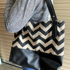 Black chevron canvas bag and faux leather bottom preppy
